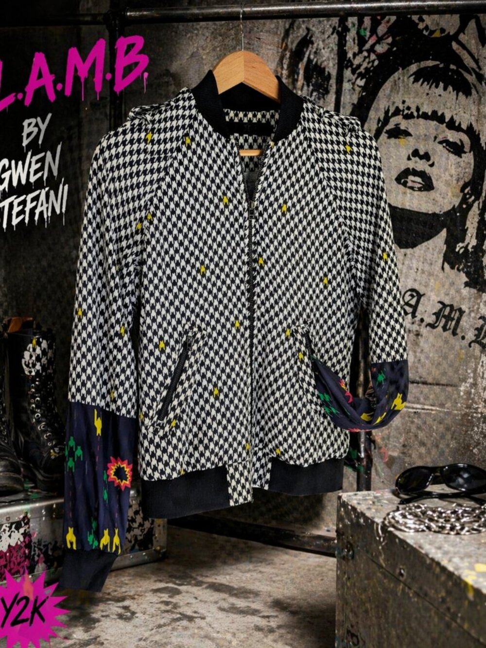 LAMB Y2K Houndstooth Bomber Jacket Gwen Stefani Graphic S Rare Edgy Streetwear